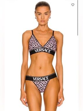 Versace Pink & Black Logo Cotton Triangle Bralette Top and Bottoms Size S to M